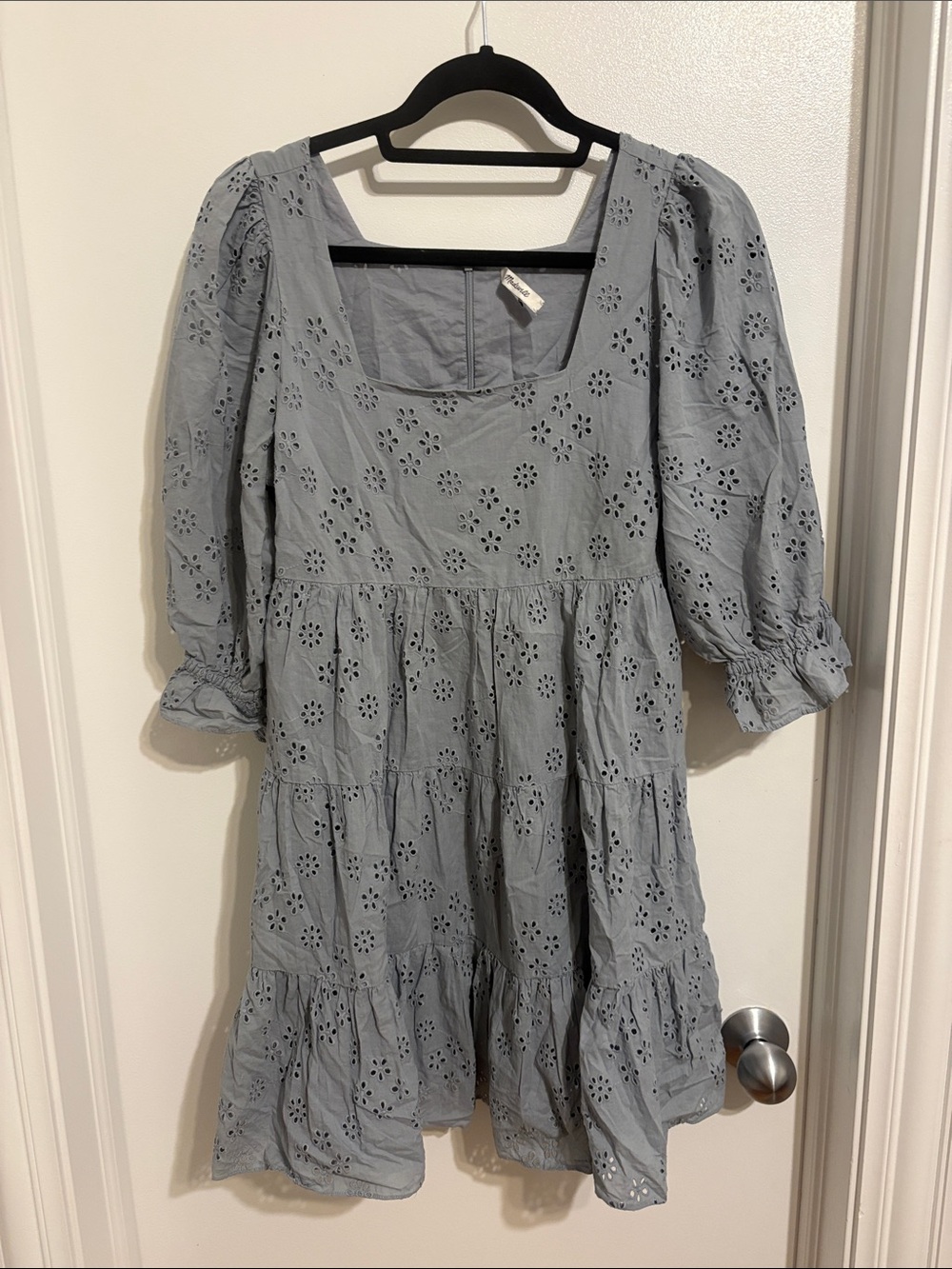 Madewell Light Blue Eyelet Tiered Long Sleeve Dress